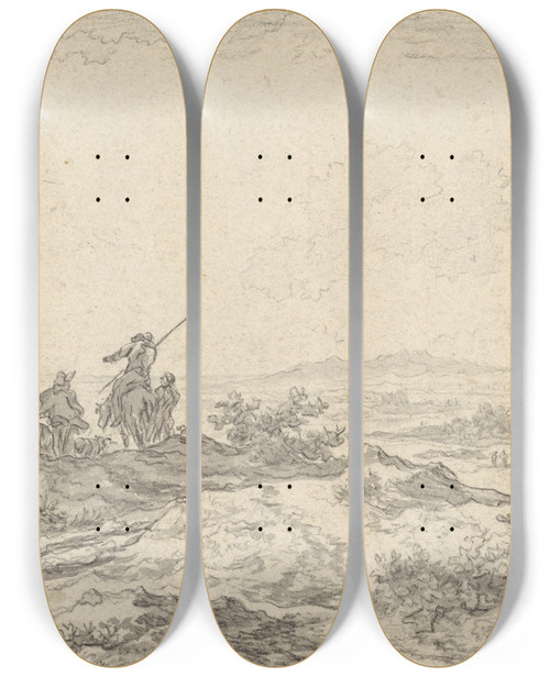 Triptych art skateboard deck of Nicolaes Pietersz Berchem Dune Landscape With Shepherds by Nicolaes Pietersz Berchem (1620-1683)