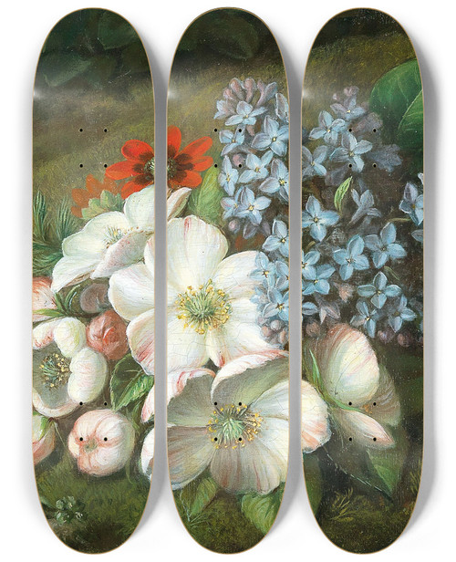 Triptych art skateboard deck of Vincenz Loos Apple Blossom With Lilacs And Summer Adonis by Vincenz Loos (1829-1881)