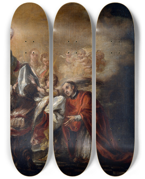 Triptych art skateboard deck of Juan De Valds Leal Imposition Of The Chasuble On Saint Ildephonsus by Juan de Valds Leal (1622-1690)