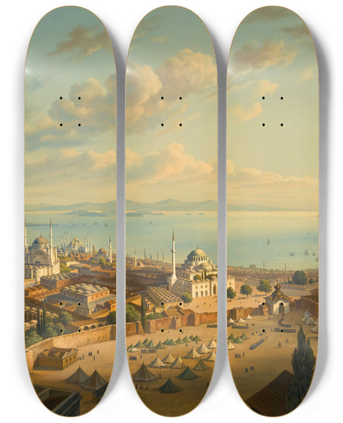 Triptych art skateboard deck of Hubert Sattler Constantinople From The Fire Tower Of Beyazit by Hubert Sattler (1817-1904)