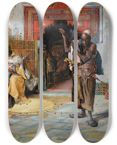 Triptych art skateboard deck of Gyula Tornai The Interrupted Game Of Draughts by Gyula Tornai (1861-1928)