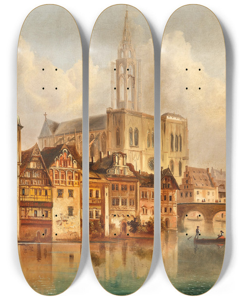 Triptych art skateboard deck of Ferdinand Lepie A Scene On A Canal Near Strasbourg Cathedral by Ferdinand Lepie (1824-1883)