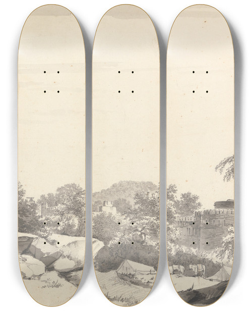 Triptych art skateboard deck of William Hodges Original Drawings For Choix De Vues De Linde And Others Pl24 by William Hodges (1744-1797)