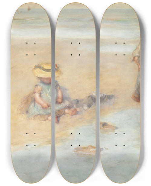 Triptych art skateboard deck of Bernardus Johannes Blommers Children Playing Boats by Bernardus Johannes Blommers (1845-1915)