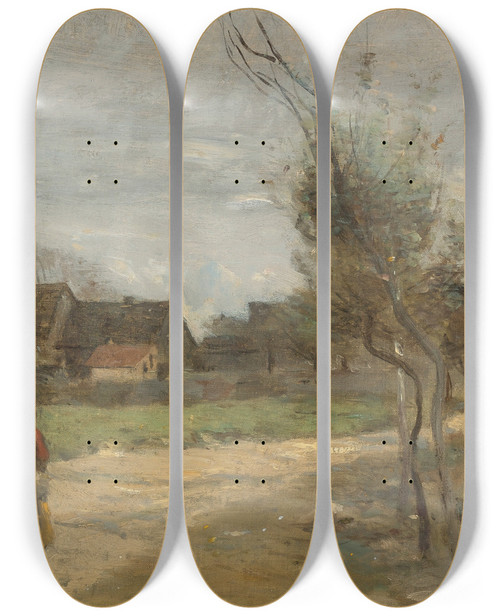 Triptych art skateboard deck of Jeanbaptistecamille Corot Paysanne Sur Une Route En Vue Dun Village by Jean-Baptiste-Camille Corot (1796-1875)
