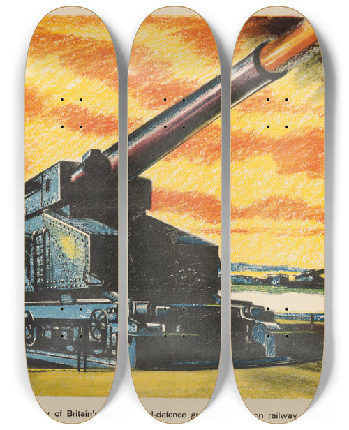 Triptych art skateboard deck of Roland Davies A Battery Of Britains Giant Coastaldefence Guns Mounted On Railway Trucks by Roland Davies (1904-1993)