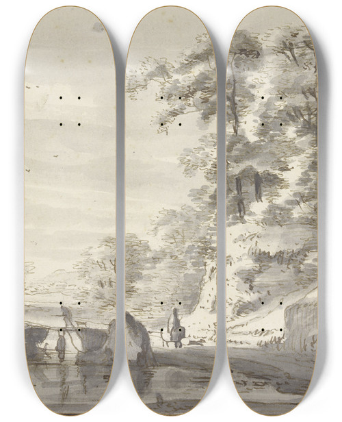 Triptych art skateboard deck of Roelant Roghman Am Rande Eines Waldes Fhrt Ein Weg Ber Einen Steg Auf Dem Wasser Enten by Roelant Roghman (1627-1692)