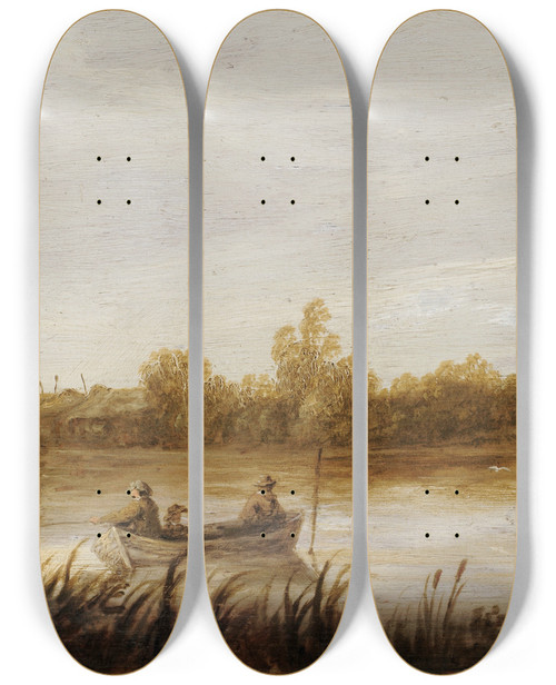 Triptych art skateboard deck of Aelbert Cuyp River Landscape With Fishermen In A Boat by Aelbert Cuyp (1620-1691)