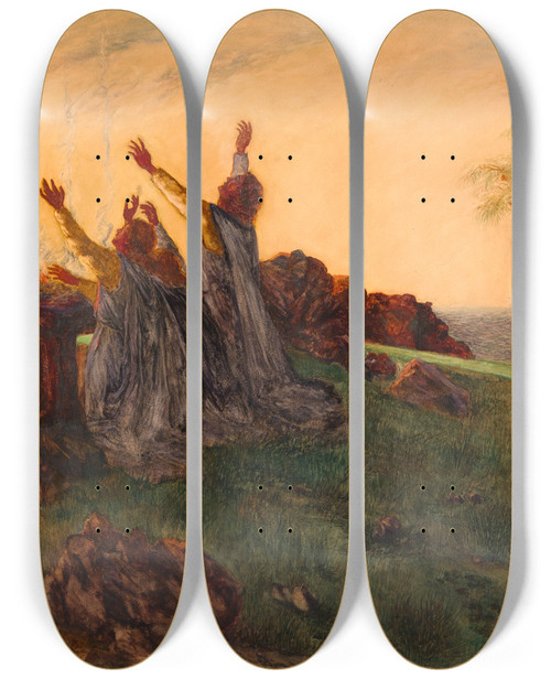 Triptych art skateboard deck of Da Loria Norman The Passing Of St Brighid by Da Loria Norman (1872-1935)