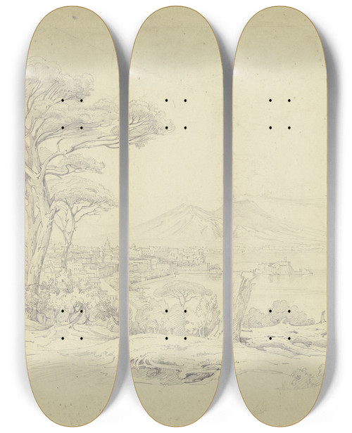 Triptych art skateboard deck of Carl Morgenstern The Gulf Of Naples by Carl Morgenstern (1811-1893)