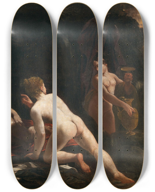 Triptych art skateboard deck of Emilian School Lot And His Daughters by Emilian School
