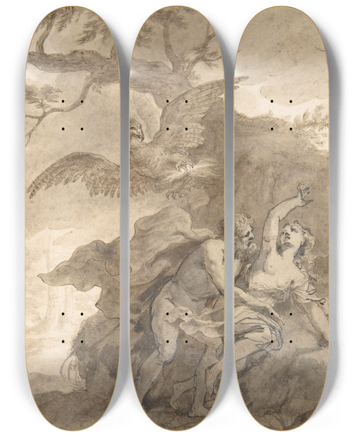 Triptych art skateboard deck of Godfried Maes Illustrations To The Metamorphoses Of Ovid Jupiter And Io 1 Jupiter And Io Disguised As A White Beifer 2 Mercury Rescuing Io From Argus 3_3 by Godfried Maes (1649-1700)