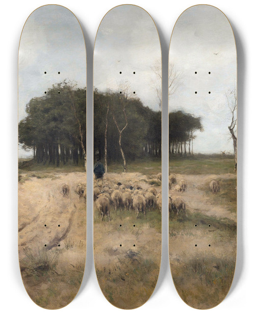 Triptych art skateboard deck of Anton Mauve On The Heath Near Laren by Anton Mauve (1838-1888)