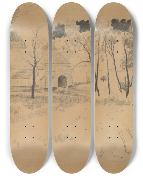 Triptych art skateboard deck of Lon Spilliaert Gezicht Op Het Karreveld Sintjansmolenbeek by Leon Spilliaert (1881-1946)