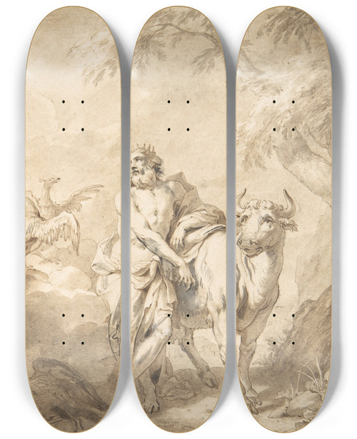 Triptych art skateboard deck of Godfried Maes Illustrations To The Metamorphoses Of Ovid Jupiter And Io 1 Jupiter And Io Disguised As A White Beifer 2 Mercury Rescuing Io From Argus 3_2 by Godfried Maes (1649-1700)