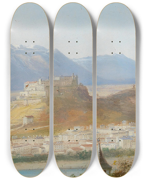 Triptych art skateboard deck of Hubert Sattler Fortress Hohensalzburg by Hubert Sattler (1817-1904)