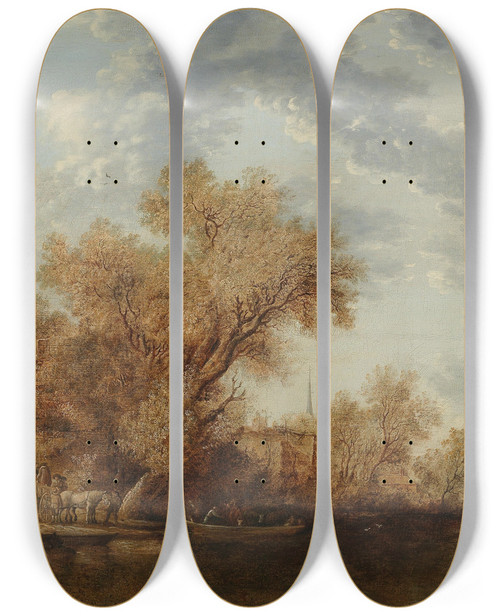 Triptych art skateboard deck of Jacob Salomonsz Van Ruysdael A River Landscape With Ferry Boats by Jacob Salomonsz Van Ruysdael (1630-1681)