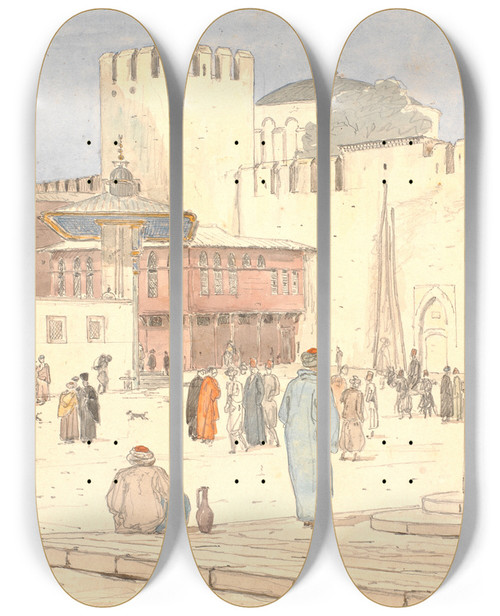 Triptych art skateboard deck of Martinus Rrbye The Square In Front Of Babihmayan In Constantinople by Martinus Rorbye (1803-1848)
