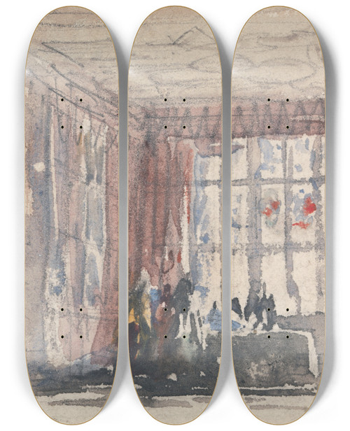 Triptych art skateboard deck of David Cox A Tudor Room With Figures by David Cox (1783-1859)