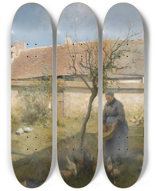 Triptych art skateboard deck of Carl Larsson A La Campagne by Carl Larsson (1853-1919)