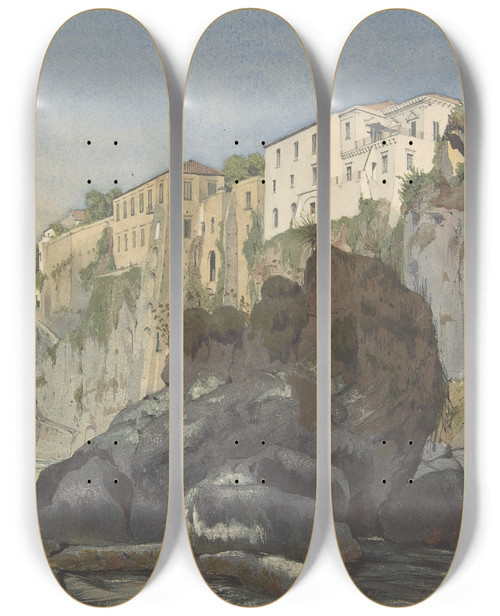 Triptych art skateboard deck of Thomas Hartley Cromek Houses At Sorrento by Thomas Hartley Cromek (1809-1873)