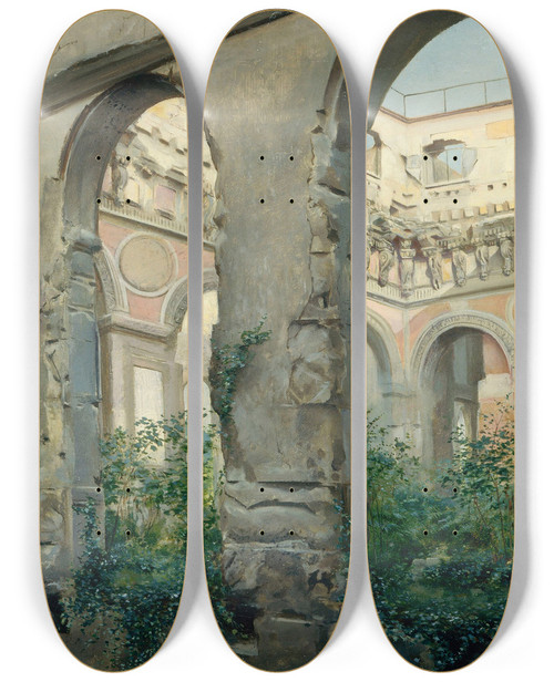 Triptych art skateboard deck of Georges Rouard Les Ruines De Lancienne Cour Des Comptes Lemplacement De Lactuel Muse Dorsay 7Me Arrondissement_2 by Georges Rouard (19-)