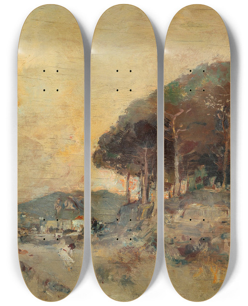 Triptych art skateboard deck of Giuseppe Casciaro Mediterranean Coast At Dusk by Giuseppe Casciaro (1861-1945)