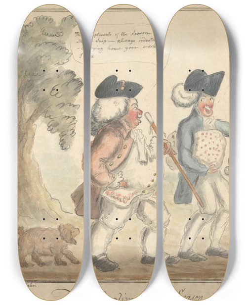 Triptych art skateboard deck of George Moutard Woodward The Compliments Of The Season by George Moutard Woodward (1765-1809)