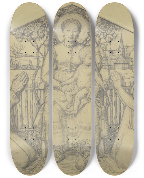Triptych art skateboard deck of Fritz Boehle Rural Madonna by Fritz Boehle (1873-1916)