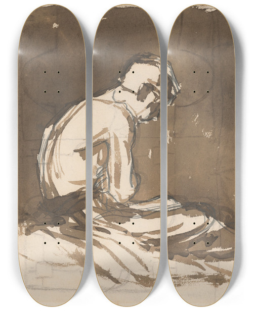 Triptych art skateboard deck of Ladislav Mednynszky Sketch Of A Man Sitting Halfnaked From A Side View In Prison I by Ladislav Mednyanszky (1852-1919)