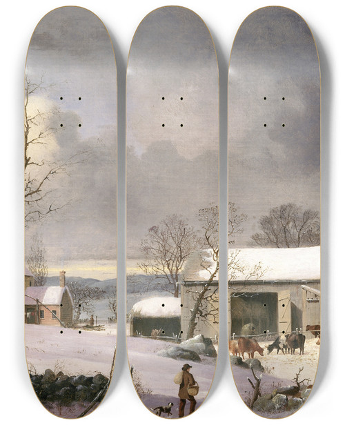 Triptych art skateboard deck of George Henry Durrie Winter In The Country by George Henry Durrie (1820-1863)