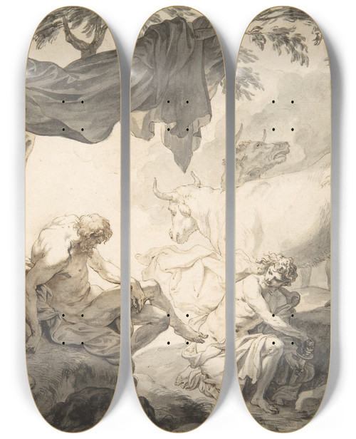 Triptych art skateboard deck of Godfried Maes Illustrations To The Metamorphoses Of Ovid Jupiter And Io 1 Jupiter And Io Disguised As A White Beifer 2 Mercury Rescuing Io From Argus 3_1 by Godfried Maes (1649-1700)