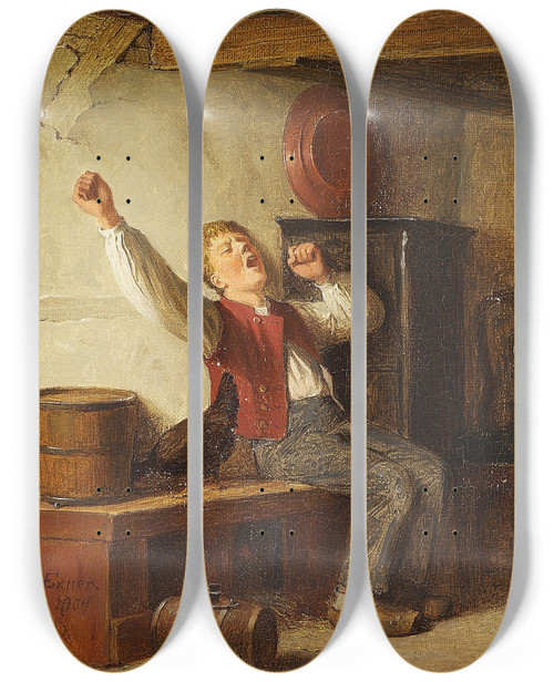 Triptych art skateboard deck of Julius Exner Den Dovne Dreng by Julius Exner (1825-1910)