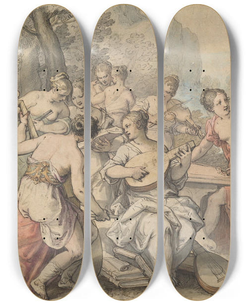 Triptych art skateboard deck of Hans Rottenhammer Minerva And The Muses by Hans Rottenhammer (1564-1625)