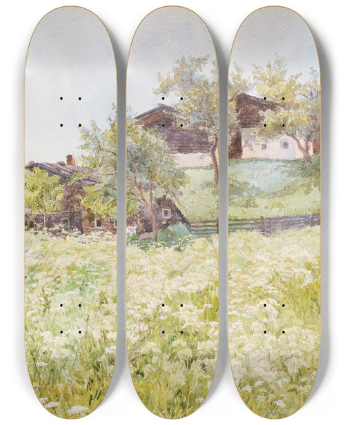 Triptych art skateboard deck of Marie Egner Farm Houses A White Blooming Field In Front Of It by Marie Egner (1850-1940)