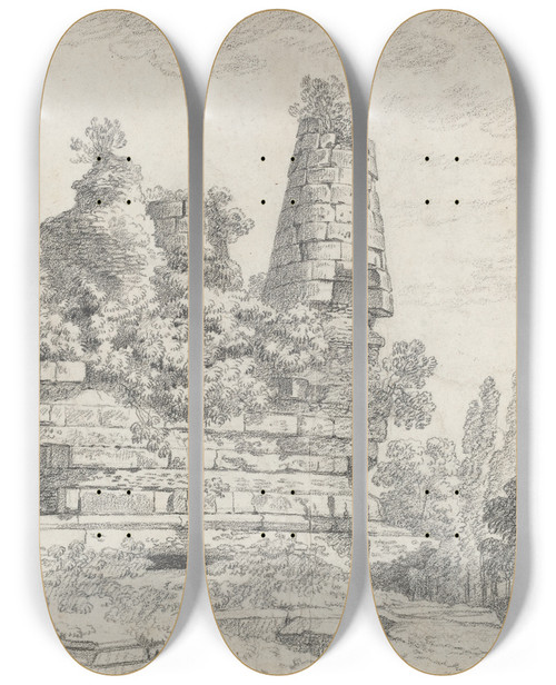 Triptych art skateboard deck of Louis Chaix The Tomb Of The Horatii And The Curatii At Albano by Louis Chaix (1740-1811)