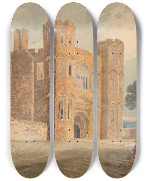 Triptych art skateboard deck of John Sell Cotman Gateway Saint Marys Wiggenhall Norfolk_1 by John Sell Cotman (1782-1842)