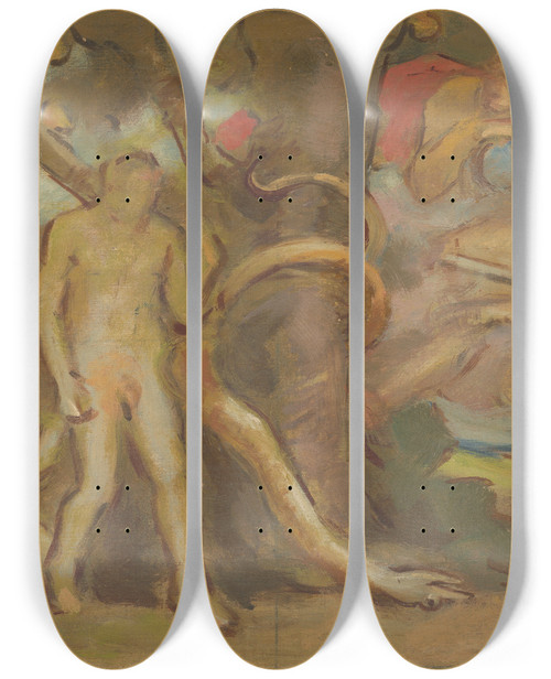 Triptych art skateboard deck of Milan Thomka Mitrovsk Temptation Adam And Eve by Milan Thomka Mitrovsky (1875-1943)