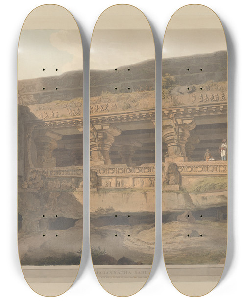 Triptych art skateboard deck of Thomas Daniell Oriental Scenery Pl29 by Thomas Daniell (1749-1840)