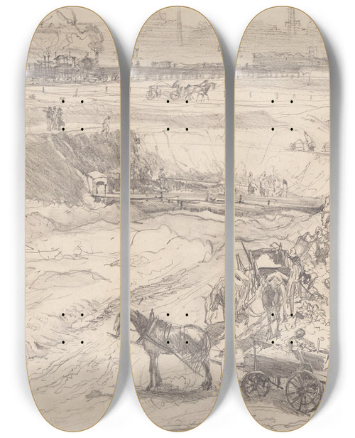 Triptych art skateboard deck of Adolph Von Menzel Open Pit Mine In Knigshtte by Adolph Von Menzel (1815-1905)