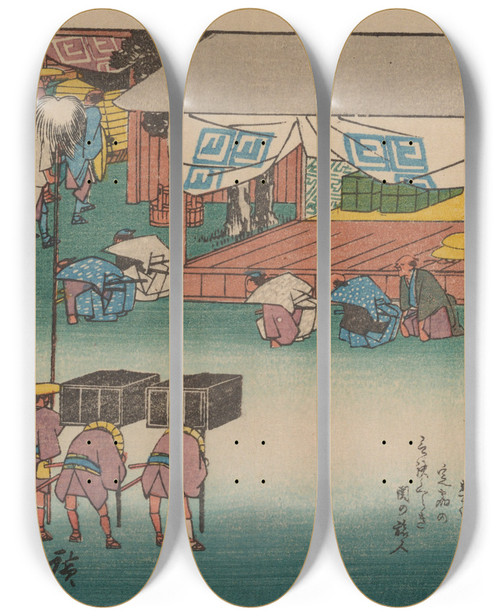 Triptych art skateboard deck of And Hiroshige Tokaido Gojusantsugi Pl48 by Ando Hiroshige (1797-1858)