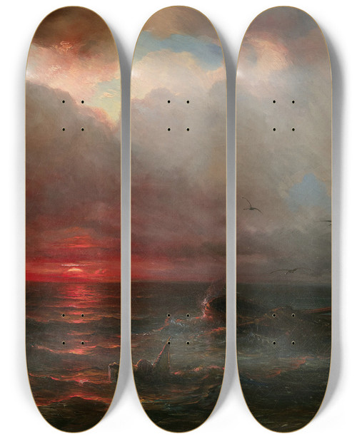 Triptych art skateboard deck of Thodore Gudin Coucher De Soleil Sur Un Littoral by Theodore Gudin (1802-1880)