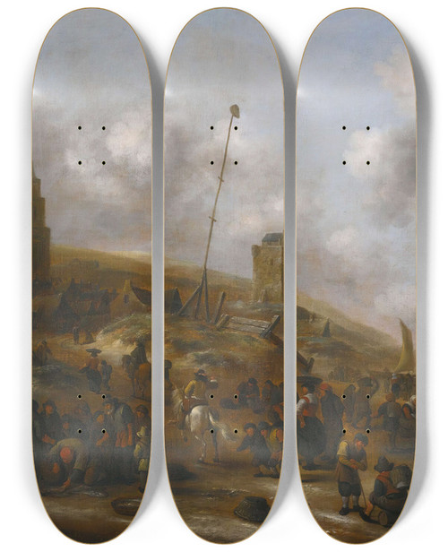 Triptych art skateboard deck of Nicolaes Molenaer The Beach At Scheveningen With Fishermen Unloading Their Catch by Nicolaes Molenaer (1626-1676)