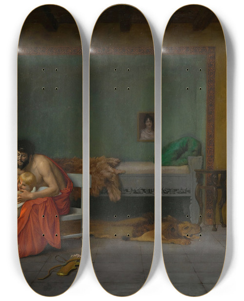Triptych art skateboard deck of Jeanlon Grme Cupids Shivering Limbs The Embers Warm by Jean-Lon Grme (1824-1904)