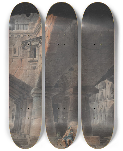 Triptych art skateboard deck of Victorjean Nicolle Man Seated In Prison by Victor-Jean Nicolle (1754-1826)