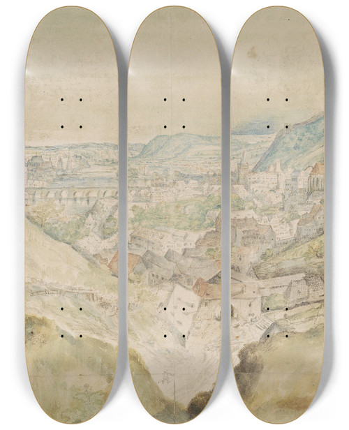 Triptych art skateboard deck of Roelant Savery Prospekt Af Byen Prag by Roelant Savery (1576-1639)