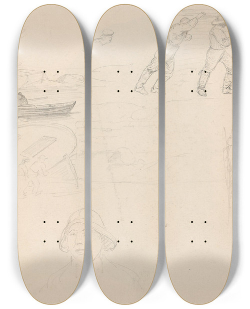 Triptych art skateboard deck of Adolph Tidemand Sjsetting I Nevlunghavn Sjmenn by Adolph Tidemand (1814-1876)