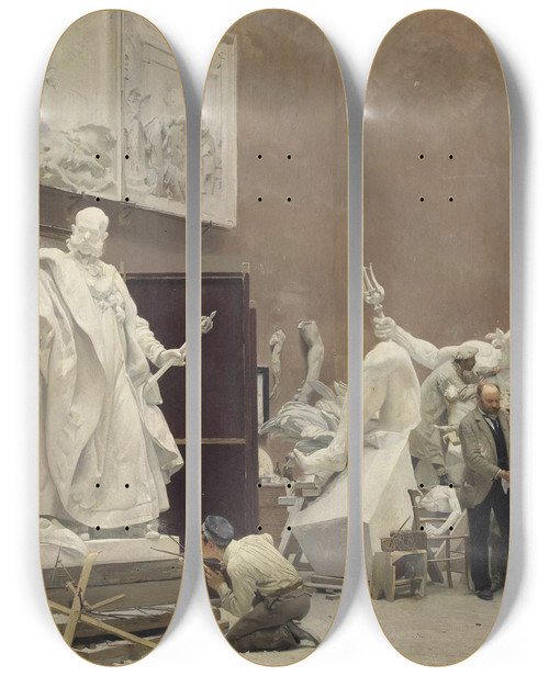 Triptych art skateboard deck of Hans Temple The Sculptor Rudolf Weyr In His Studio by Hans Temple (1857-1931)