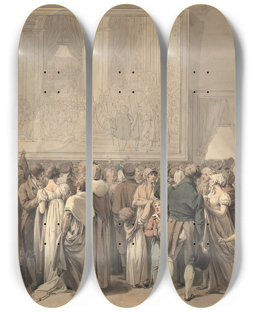 Triptych art skateboard deck of Louis Lopold Boilly The Public In The Salon Of The Louvre Viewing The Painting Of The Sacre by Louis Leopold Boilly (1761-1845)