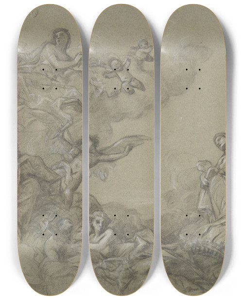 Triptych art skateboard deck of Charles Chaplin Study For A Ceiling by Charles Chaplin (1825-1891)